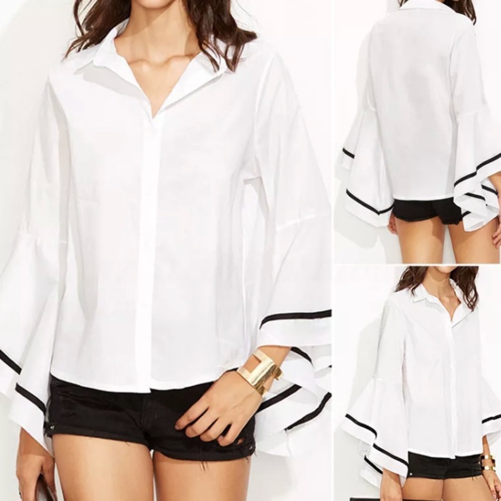 White with black stripes on the bell sleeves